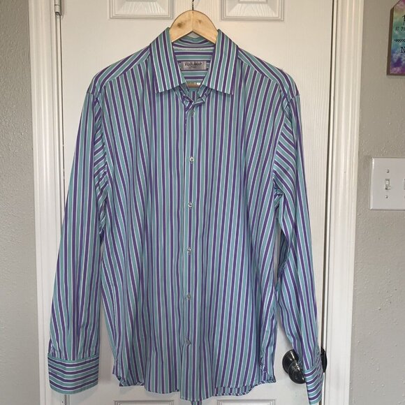 Equilibrio Milano Purple Teal Striped Button Down Long Sleeved Shirt Size Large - Picture 2 of 7